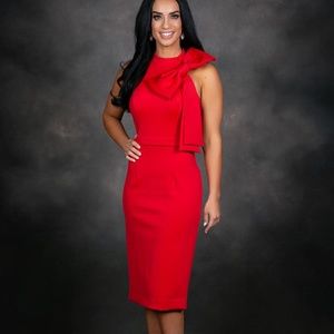 Jovani, Formal dress, Vibrant red, cut off sleeves, high neck, red bow,